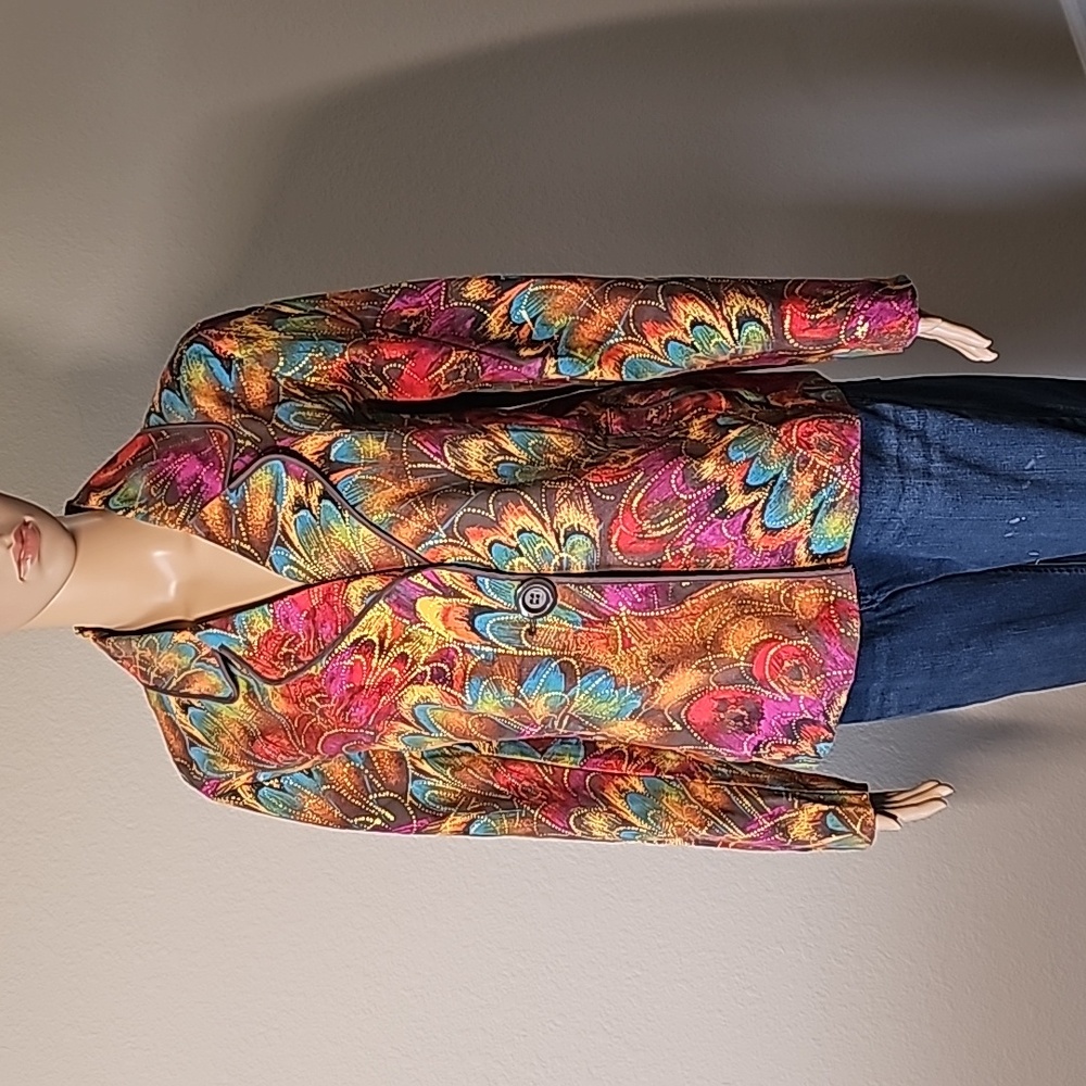 Chico's Jacket Paint Splash Gold Colorful Lined Bold Art Multicolor Size 2